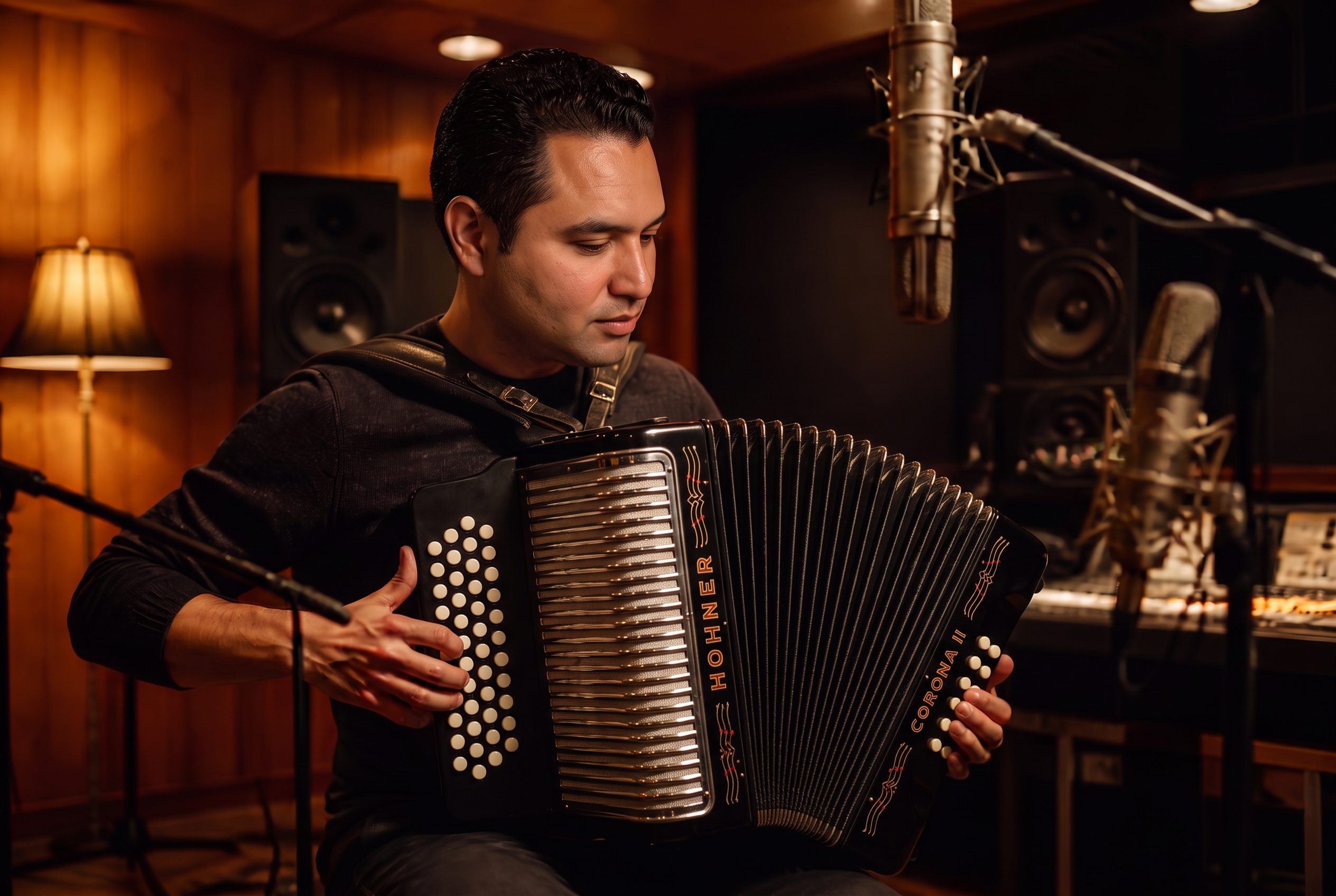 Founder Rodrigo Gonzalez playing accordion in a warm-lit professional recording studio