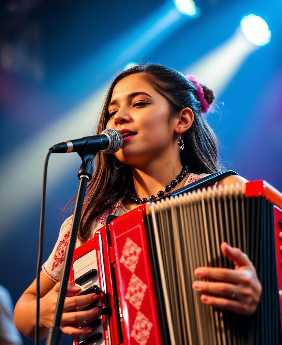 Student singing with accordion